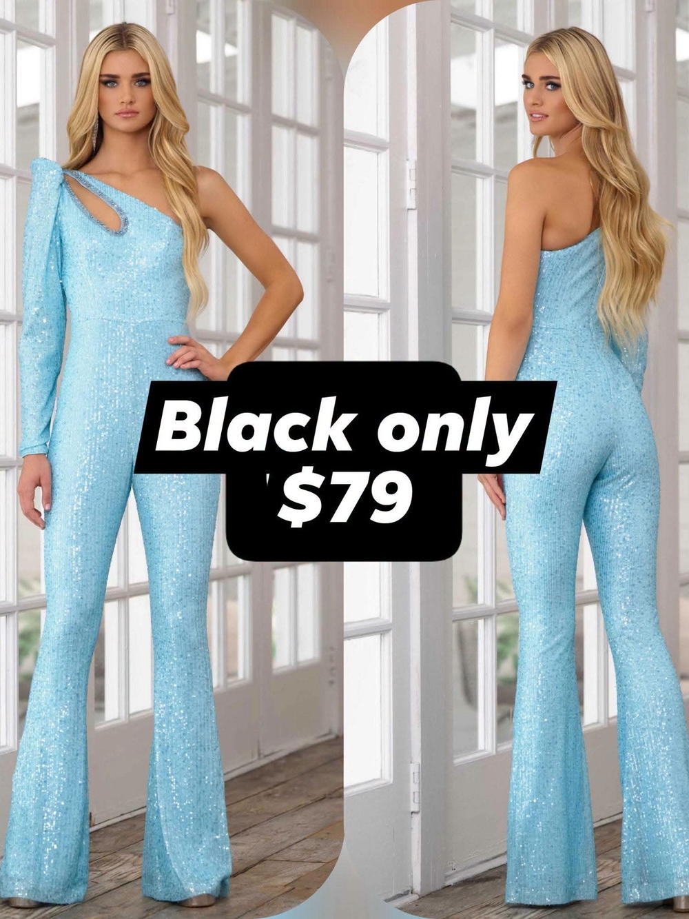 One-Shoulder Sequin Jumpsuit in Sky Blue